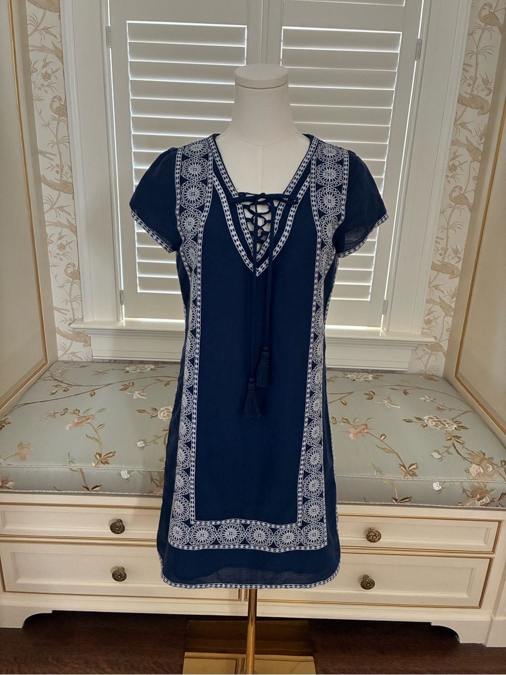 Vineyard Vines Navy Blue Embroidered Lace-Up Tunic Dress